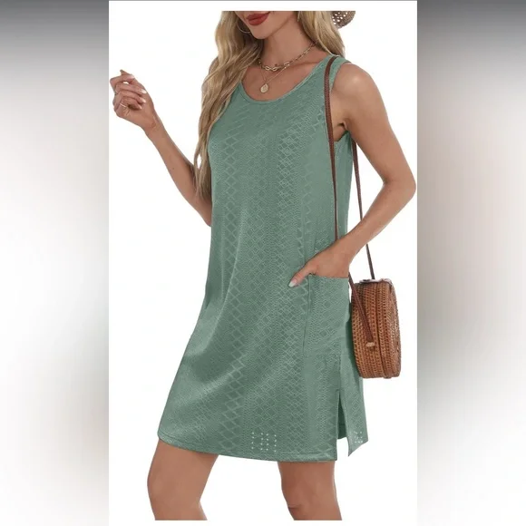 Green Coverup Summer Dresses for Women 2025 Casual Loose Sleeveless Sundress - Picture 2 of 6